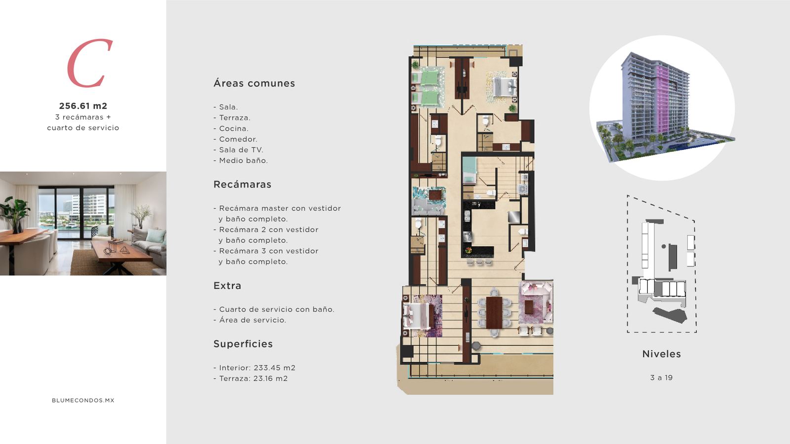Plano de 3 Recámaras en BLUME CONDOS BOUTIQUE