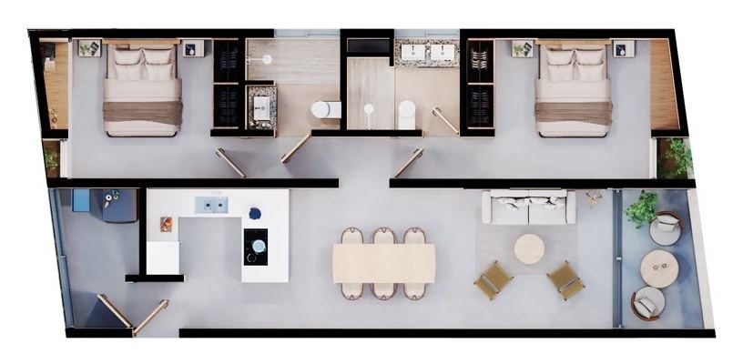 Plano de Departamento 2 recámaras, 2 baños en Erenia