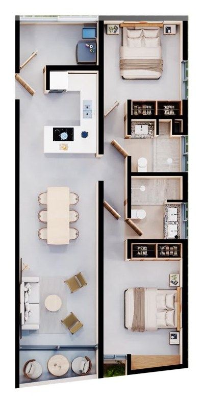 Plano de Departamento 2 recámaras + flex, 2.5 baños en Erenia
