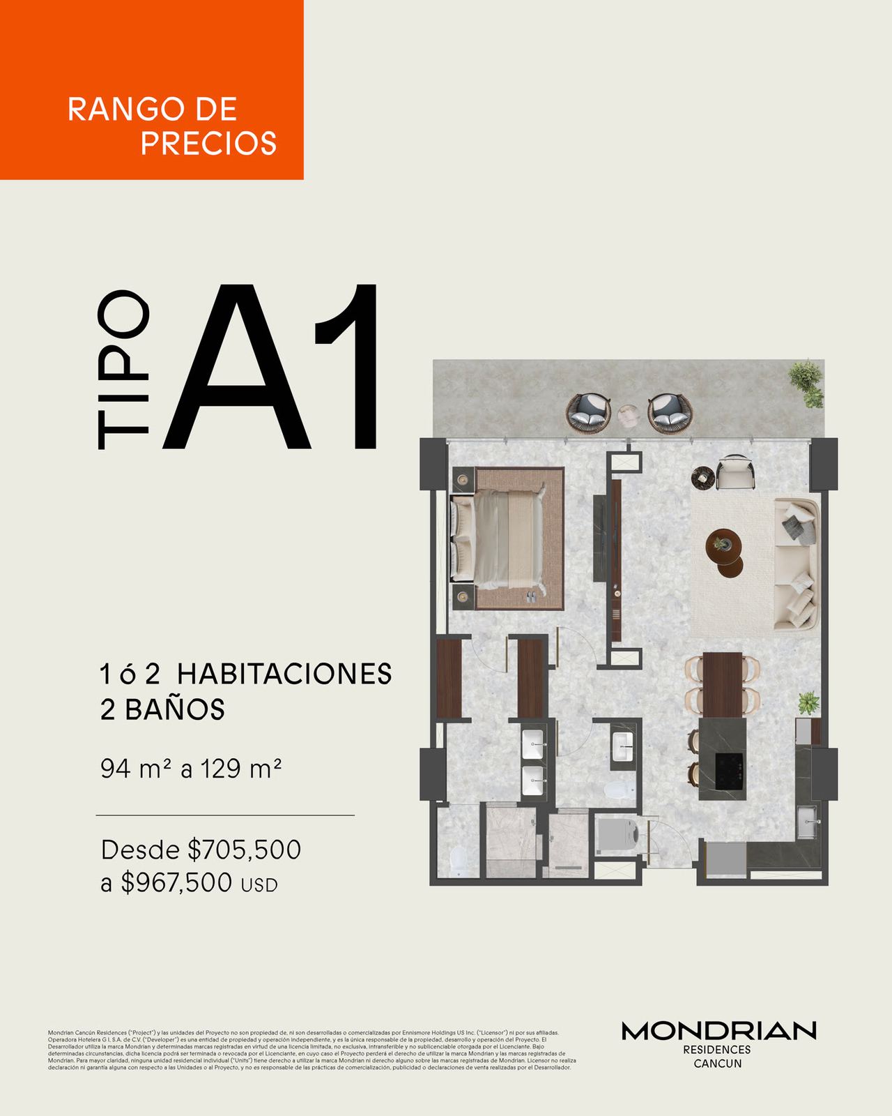 Plano de Residencia Tipo A1 (1 o 2 recámaras) en MONDRIAN RESIDENCES CANCUN