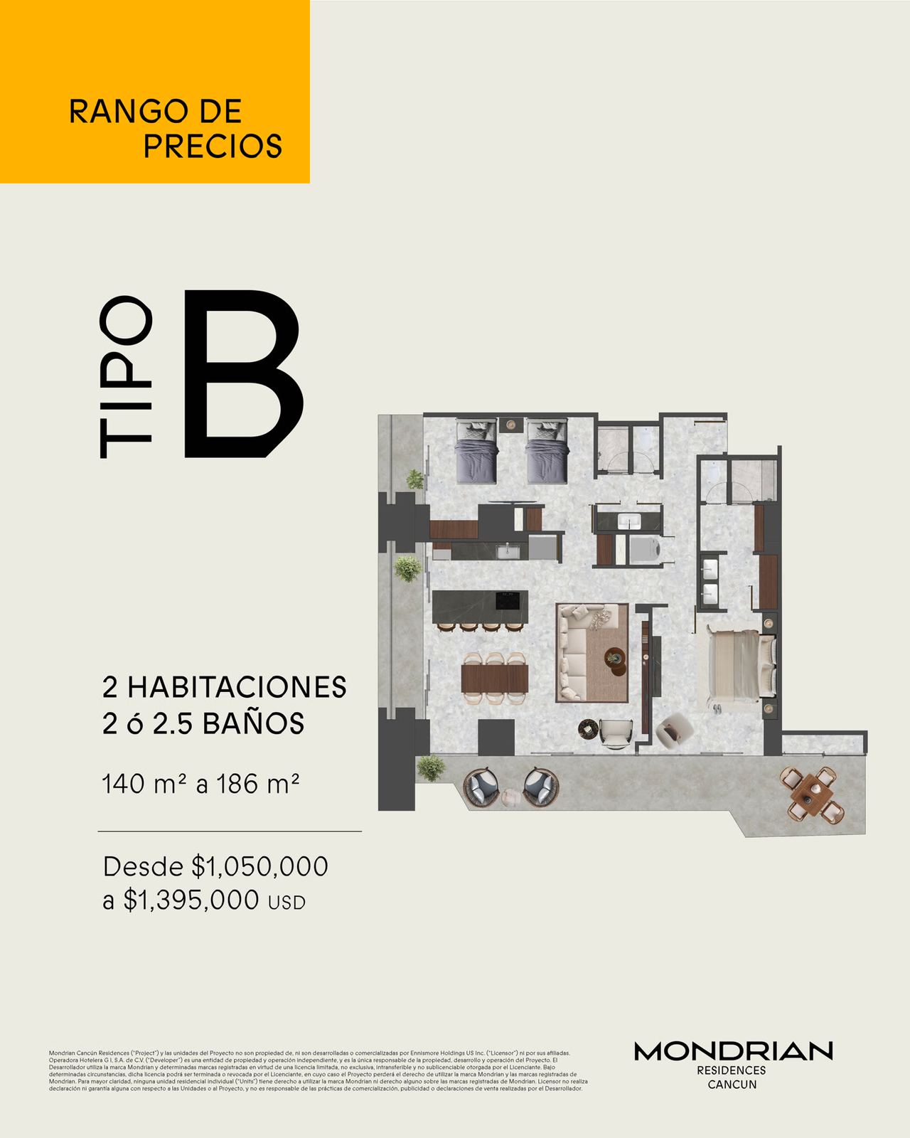 Plano de Residencia Tipo B en MONDRIAN RESIDENCES CANCUN