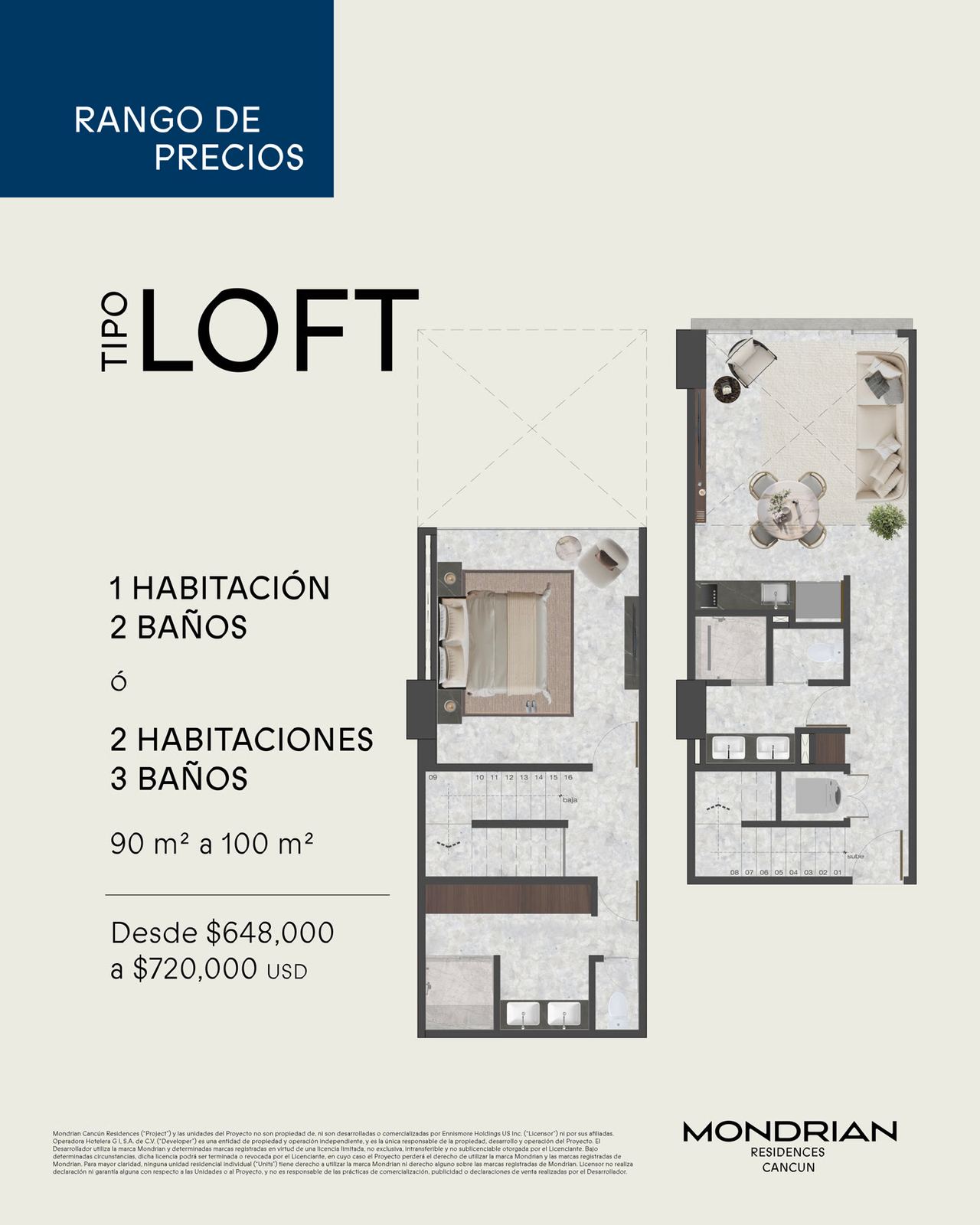 Plano de Loft A y Loft B (dos niveles) en MONDRIAN RESIDENCES CANCUN