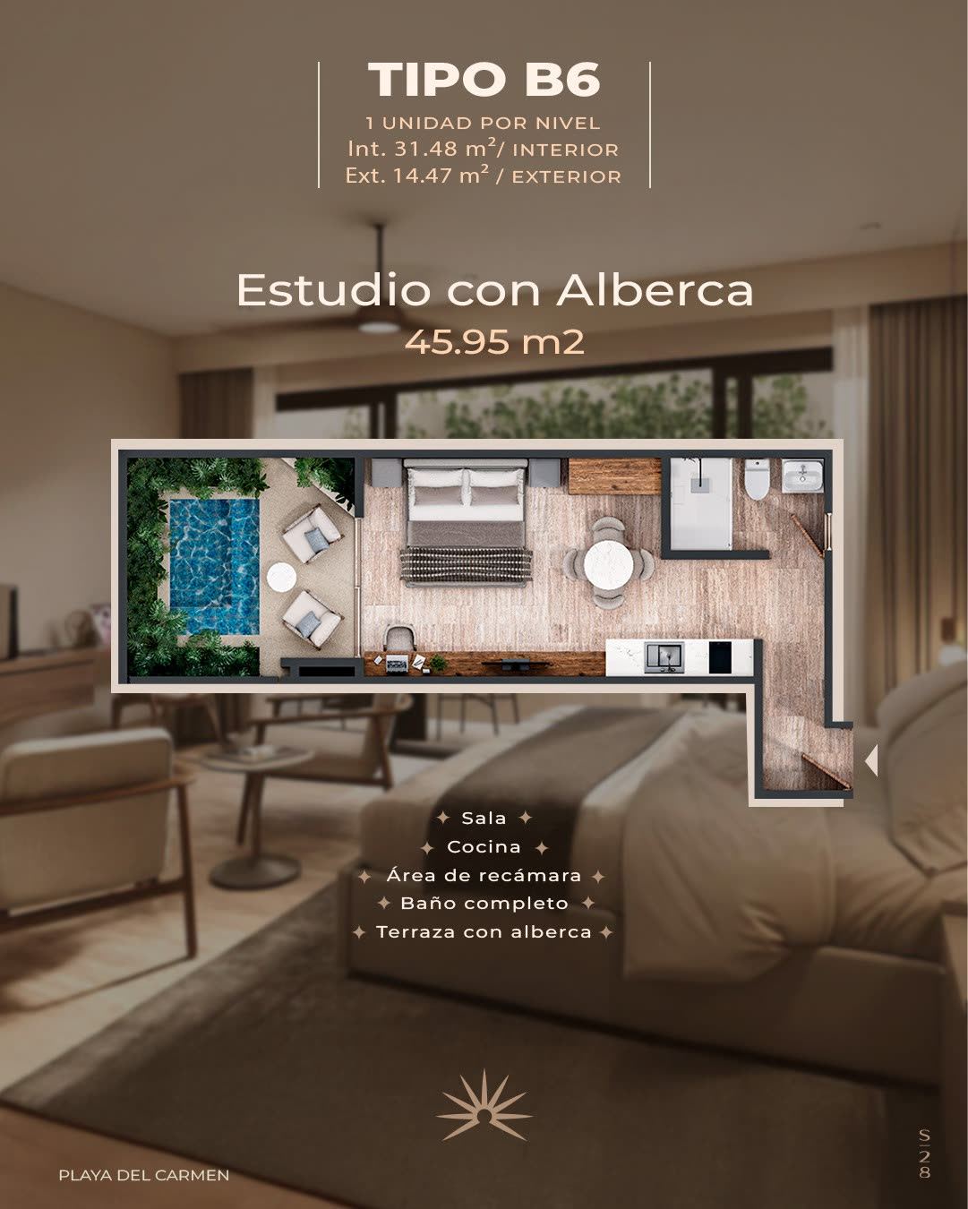 Plano de Studio garden con alberca privada en Sensara 28